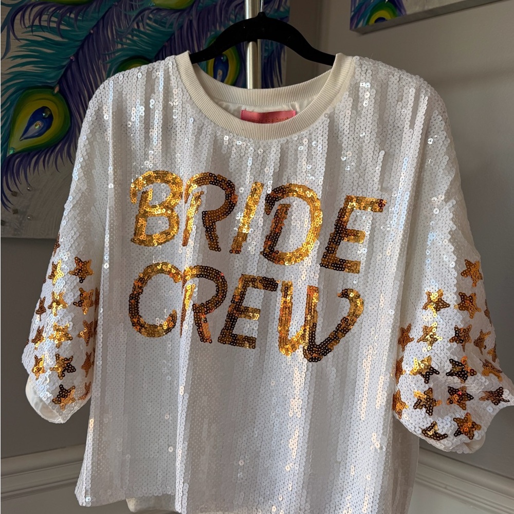 Bride Crew White and Gold Sequin Top
